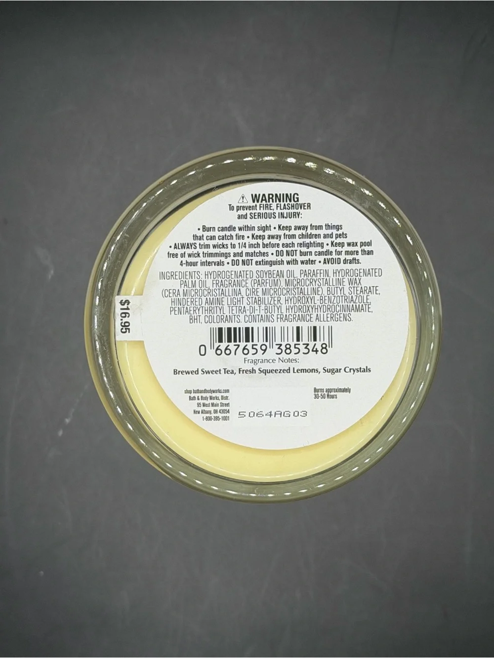 Bath & Body Works Sweet Tea & Lemonade Single-Wick 8 OZ Yellow Striped Candle